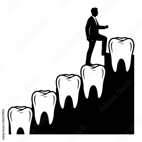 Man climbing staircase made of giant human teeth in surreal minimalist style