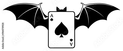 Ace of spades playing card with bat wings in dark gothic black and white vector style