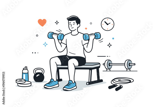 Gym strength training. A person lifting light weights with controlled posture, simple gym equipment around, calm focused expression. The scene shows