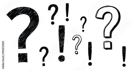 Hand drawn question marks and exclamation points in a dark silhouette
