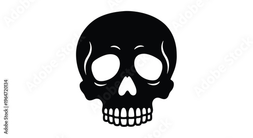 A stark black skull illustration with empty sockets a bold silhouette