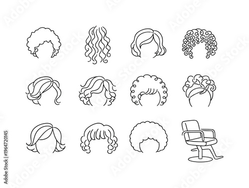 Classic Hair Perm Styles. Minimalistic set one-line drawing [curly short hair silhouette, long spiral curls, bob with waves, tight ringlets, side part curls,