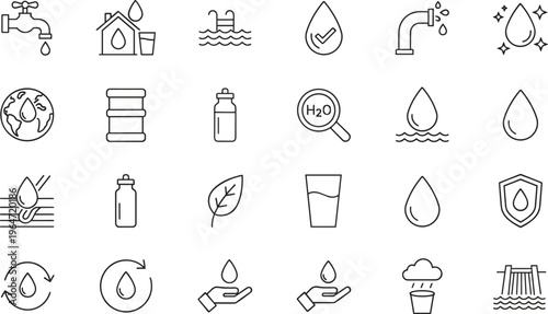 Water drop and hydration vector icon set featuring plumbing faucets mineral water bottles conservation symbols and liquid resource management for environmental and healthcare designs.