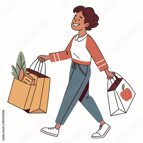 Woman carrying grocery bags with food on white background smiling
