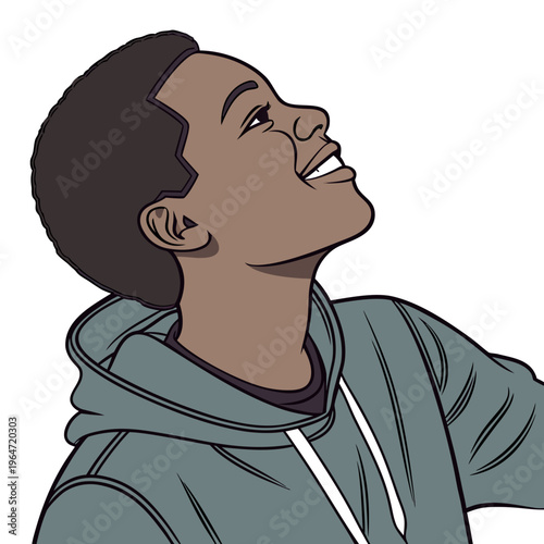 Young man looking up with smile smiling happy casual