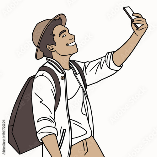 Young man taking selfie with backpack phone smiling