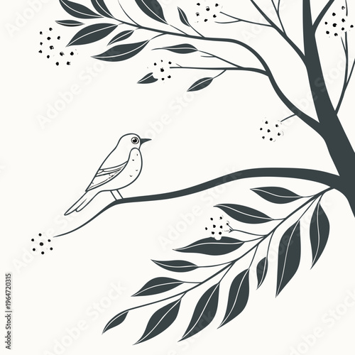 Black and white of bird on tree branch leaves