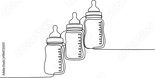 Continuous line drawing of three baby bottles on transparent background with copy space