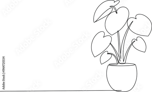 Potted houseplant illustration drawn with continuous black stroke lines