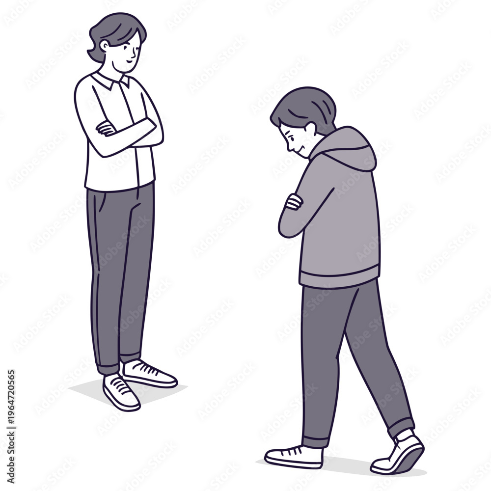 Obraz premium Two boys standing facing each other with arms crossed conflict