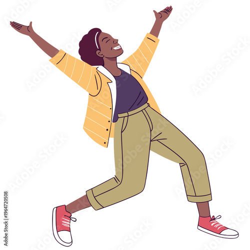 Happy woman dancing with arms raised in joy joyful