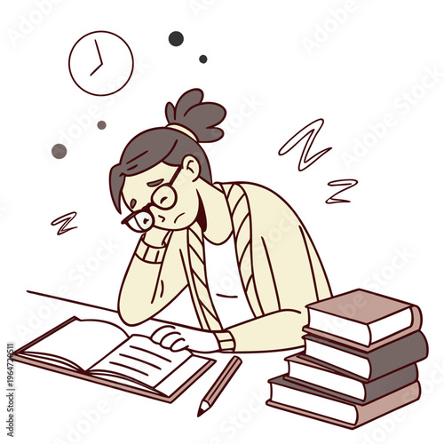 Tired student sleeping on books with a clock in the background