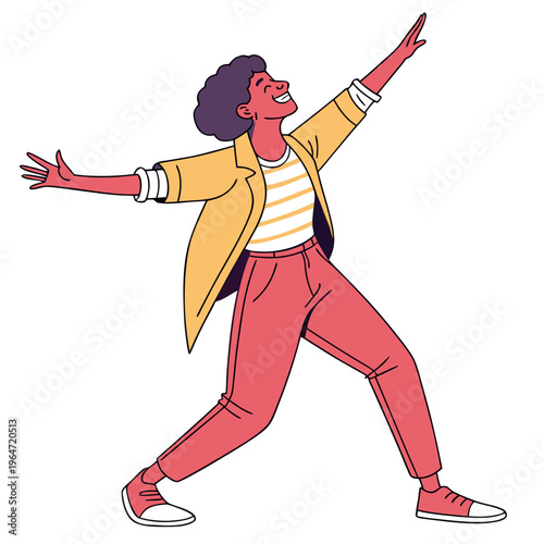 Woman in yellow jacket dancing with arms outstretched white and yellow striped shirt red pants
