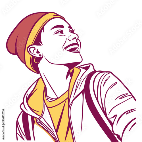 Young woman wearing a beanie and jacket looking up smiling