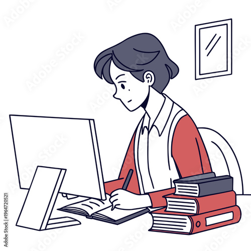 Woman studying at desk with computer and books