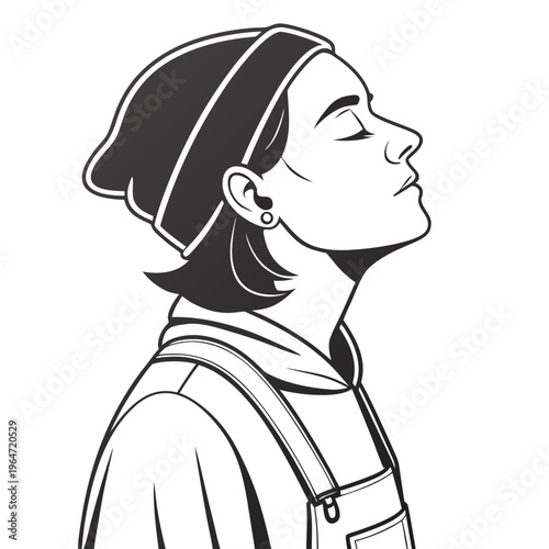 Young woman wearing a beanie and overalls looking up closed eyes