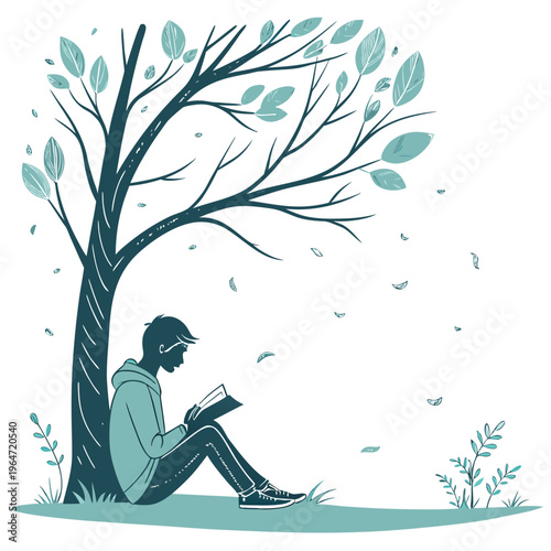 Person reading book under tree with leaves and birds