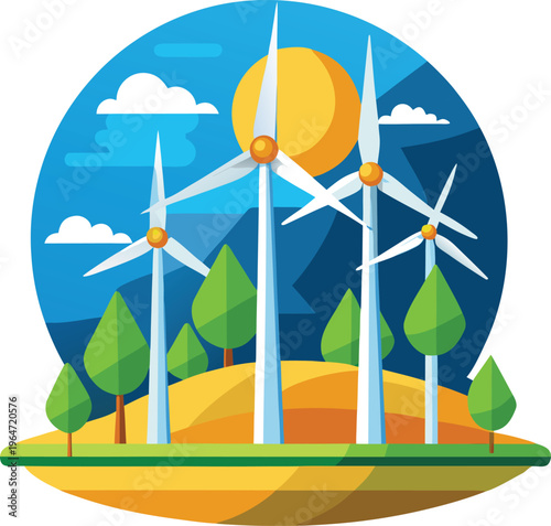 Wind turbines on a hill with trees and sunny sky