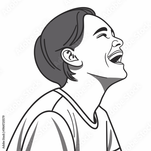 Boy laughing with mouth open and eyes closed smiling