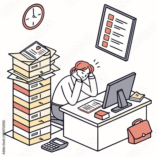 Man sitting at desk with computer, books, and clock working