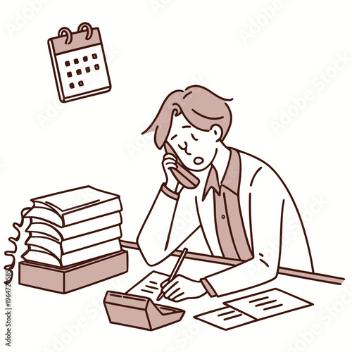 Man working at desk with phone, books, and calendar