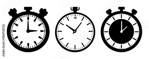 Solid black icon, white background: express delivery stopwatch set with simple line art design featuring sketches, drawings, vector graphics with minimalist and simple illustrations