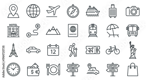 Collection of travel icons depicting various vacation and tourism elements