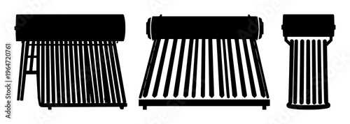 Solid black icon, white background: solar thermal water heater set with simple line art design featuring simple design, minimalist, black and white with illustrations and graphics
