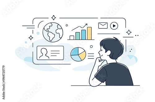 Augmented reality interface. A character observing a holographic display projecting information in front of them. Calm curiosity and clarity enhanced by soft