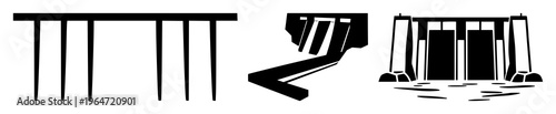 Solid black icon, white background: hydroelectric power dam set with simple line art design featuring simple design, minimalist, black and white with illustrations and graphics