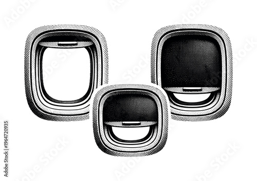 Airplane window shade mechanism. A realistic airplane window represented as a single object in three different views, concentrating on sliding shade form,