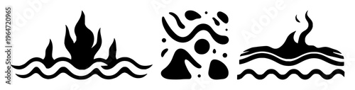 Solid black icon, white background: geothermal energy heat waves set with simple line art design featuring line art, illustrations, graphic resources with vector and design elements