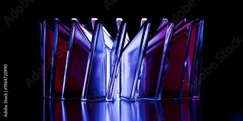 Cyber elements made of transparent glass and liquid acrylic purple blue glow on black backdrop cinematic tech background design cover art visuals 3d rendering