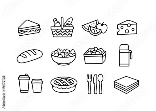 Picnic Food. Line icon set of Picnic Food: sandwich, picnic basket food, fruit slices, cheese block, bread loaf, salad bowl, snacks container, thermos bottle,