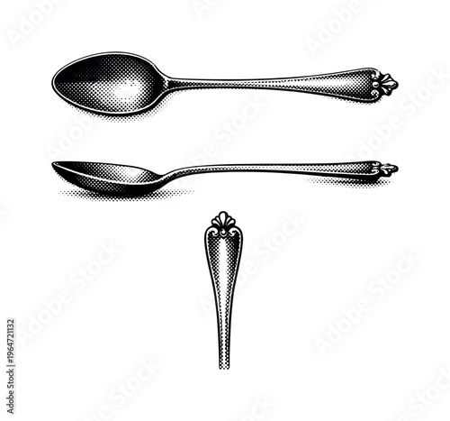 Spoon ? vintage teaspoon with slender handle shallow bowl and subtle ornamental end depicted as a single object. Black and white dot style with halftone