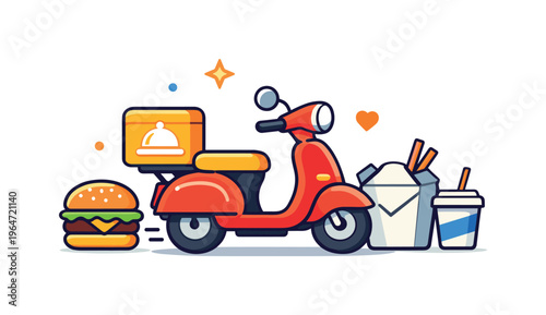 Food delivery scooter paired with simple food icons like a burger or takeout box, representing everyday meals delivered quickly and effortlessly. The scene