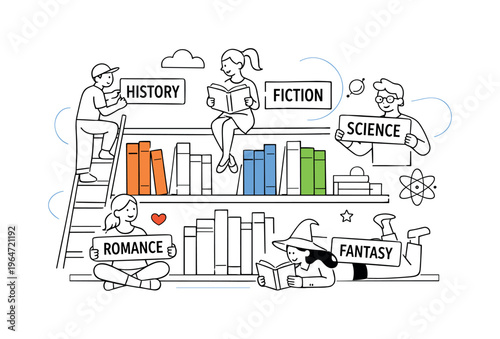 Curated books. Minimal bookshelf with color-accented spines, floating labels or tags suggesting genres. Clean, modern scene about organization and identity.