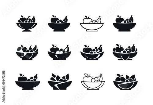 fruit bowl. Icon set. Set Logo of fruit bowl: minimalist fruit bowl silhouette. harmonious logo variations of the same emblematic concept, each with different