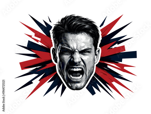 Black and white angry face emotion, realistic human face with clenched jaw and furrowed brows, intense retro expression, cut-out effect with white outline,