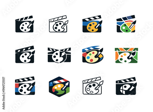 Art in film and visual media. Icon set. Set Logo of Art in film and visual media: director clapperboard. harmonious logo variations of the same emblematic