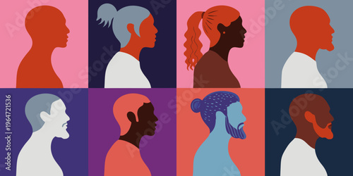 Diverse group of people represented as colorful minimalist profile portraits