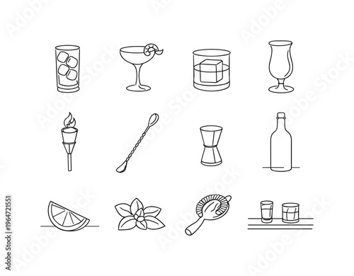 Classic Rum Bar Favorites. Minimalistic set one-line drawing highball with ice cubes, coupe glass with citrus twist, rocks glass with large ice cube, tall