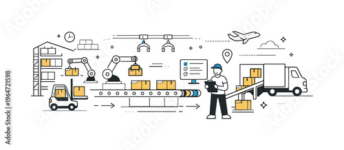 Automated logistics flow. Clean conceptual scene showing goods moving from storage to shipping through automated lines and systems, illustrating speed and