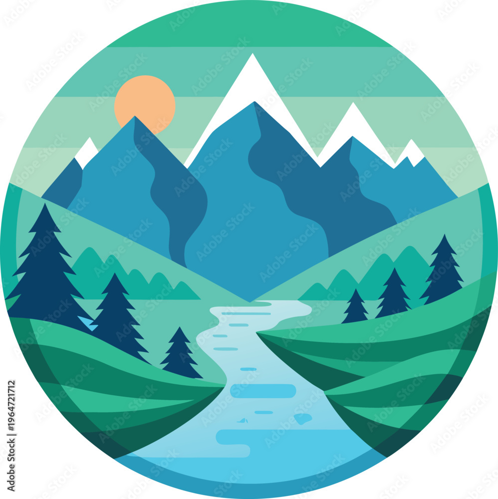 Obraz premium Serene mountain landscape with river and trees in circle frame
