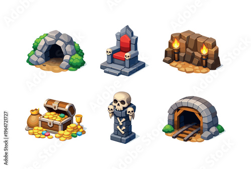 Lair. Isometric flat vector icons set of lair: hidden cave entrance, stone throne seat, torch-lit cavern wall, treasure chest pile, skull ornament pillar,