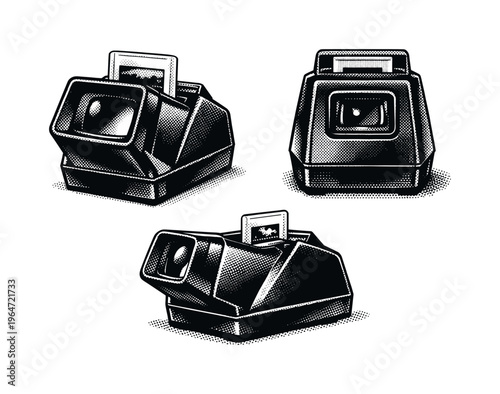 Classic photo slide viewer ? A classic photographic slide viewer illustrated as the same object in three views, focusing on utilitarian design, solid body