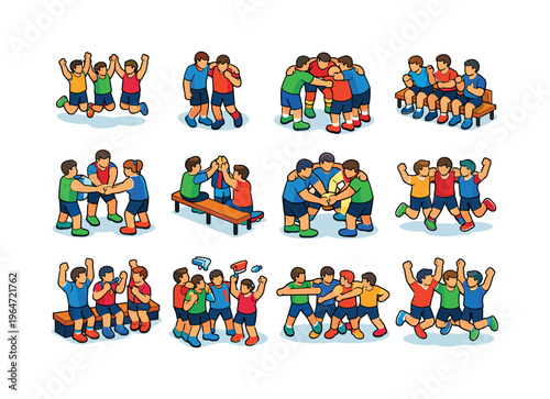 Sports Teammates. Colorful isometric vector icons set of Sports Teammates: athletes cheering, teammates support moment, sports huddle, bench encouragement,