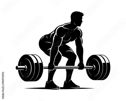 Strong man lifting heavy barbell in deadlift position silhouette, representing strength training, bodybuilding, gym workout, fitness power, and weightlifting exercise.