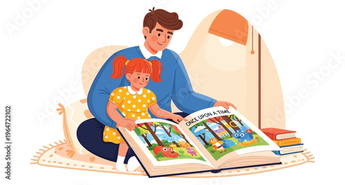 Happy fathers day dad reading with child father and little girl enjoying quality time together on special day