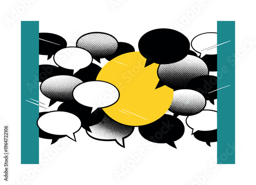 Black and white repeating speech bubble silhouettes in varied sizes forming a layered pattern, pronounced halftone texture inside select bubbles, bright yellow